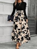 Women's Elegant Long Sleeve Floral Tie Waist Ruffle Hem Maxi Dress