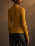 Womens Elegant Mock Neck Ruched Draped Long Sleeve Slim Top