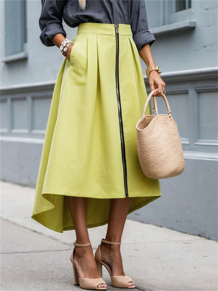 Women's Trendy Solid Color Pleated Zip Up High Waist Asymmetric Hem Skirts