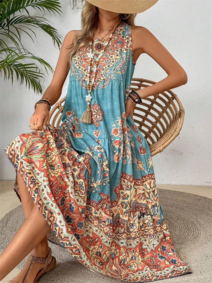 Women's Summer Retro Holiday Style Printed Sleeveless Tank Dress