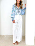 Women's Printed Pullover V-neck Lantern Sleeve Blouse