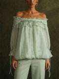 Women Sage Green Champagne Off Shoulder Ruffle Chiffon Blouse Top