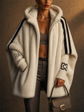 Women Oversized Faux Fur Striped Zip Up Hooded Jackets