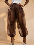 Women High Waist Sheer Mesh Lantern Pants Pleated with Shorts