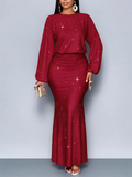 Women's Elegant Glitter Long Sleeve Pleated Fishtail Maxi Evening Dresses