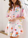 Women's 2pcs Casual Simple Print Button Up Short Sleeve Top & Pants Set
