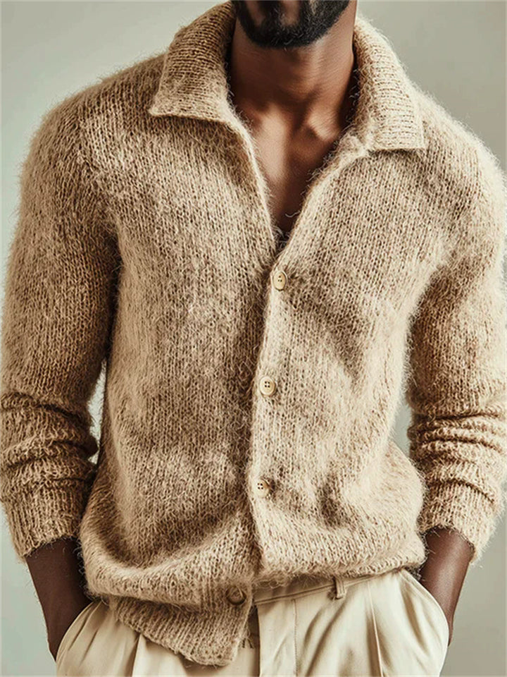 Men Fuzzy Knit Cardigan Button Down Collared Long Sleeve Sweater