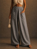 Women Summer Elastic High Waist Wide Leg Pants with Pockets