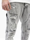 Men's Street Ripped Holes White Dot Print Grey Jeans