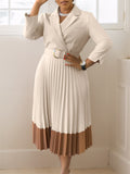 Women's Mid Sleeve Office Lady Style Blazer Collar Pleated Midi Dress With Belt