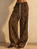 Women Leopard Print Wide Leg Pants Drawstring Side Stripe Trousers