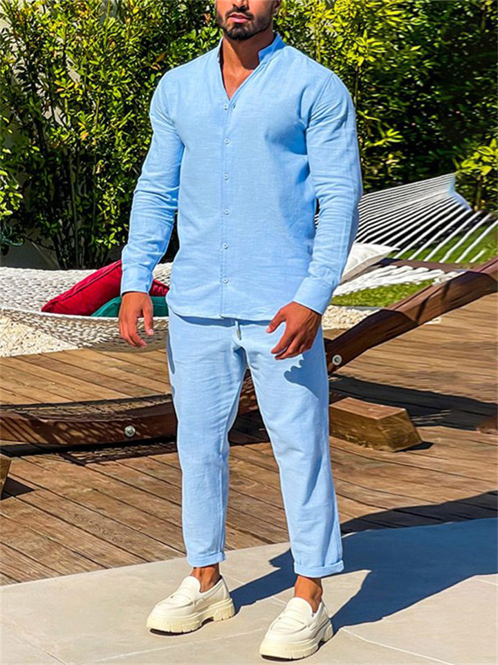 Casual Long Sleeve Linen Solid Color V-Neck Outfits For Men