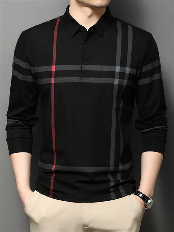 Men's Geometry Print Lapel Long Sleeve Polo Shirts