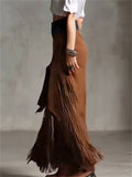 ‌Boho Style Demin Suede Patchwork Skirt for Women‌ with Fringe Hem