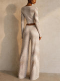 Womens Striped Ribbed Long Sleeve Crop Top Wide Leg Pants 2pc Set