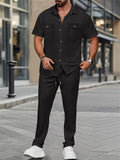 Men's Solid Color Waffle Lapel Cargo Top and Pants Set