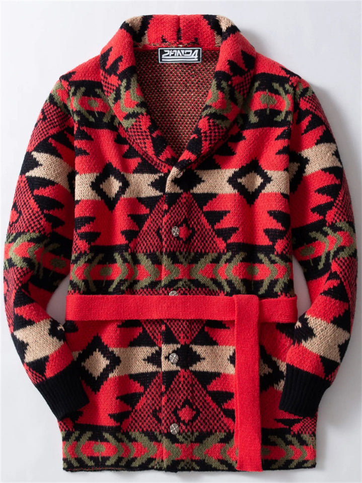 Men's Winter Red Heavy Industry Jacquard Long Sleeve Cardigan Sweaters