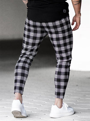 Male Fitted Plaid Stretchy Muscular Casual Trousers