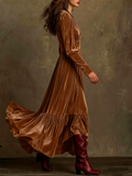 Women's Vintage Velvet Deep V Neck Flared Maxi Dress