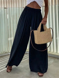 Women's Casual Solid Color Elastic Waist Pleated Drape Wide Leg Pants