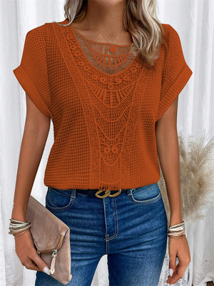 Women's Summer Solid Color Lace Stitching Short Sleeve Shirts