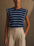 Women Summer Nautical Style Striped Shoulder Pad Muscle Tank Top