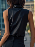 Ladies' Elegant Black Solid Color Halter V Neck Pullover Sleeveless Blouses