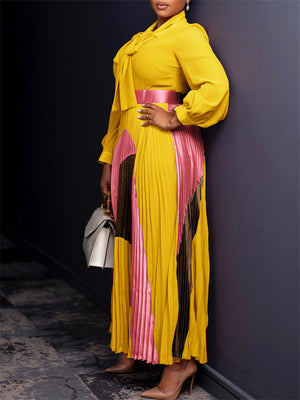 Women's Long Sleeve Tie Neck Pleated Maxi Dress With Belt