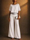 Women 2 Piece Causal Sequin BatWing Sleeve Top and Wide Leg Pants Set