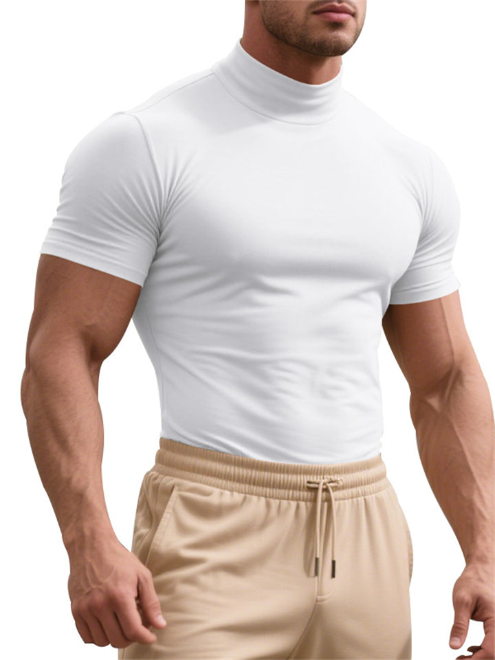 Men's Summer Solid Slim High Neck Short Sleeve Shirts