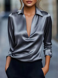 Women's Elegant Autumn Solid Color V Neck Long Sleeve Blouses