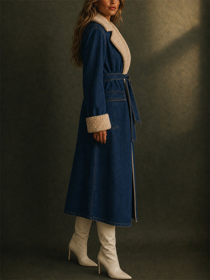 Women Long Sherpa Lined Denim Belted Winter Maxi Coats