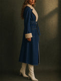 Women Long Sherpa Lined Denim Belted Winter Maxi Coats