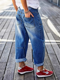 Women's Blue Loose Fit Casual Utility Cropped Denim Pants with Pockets