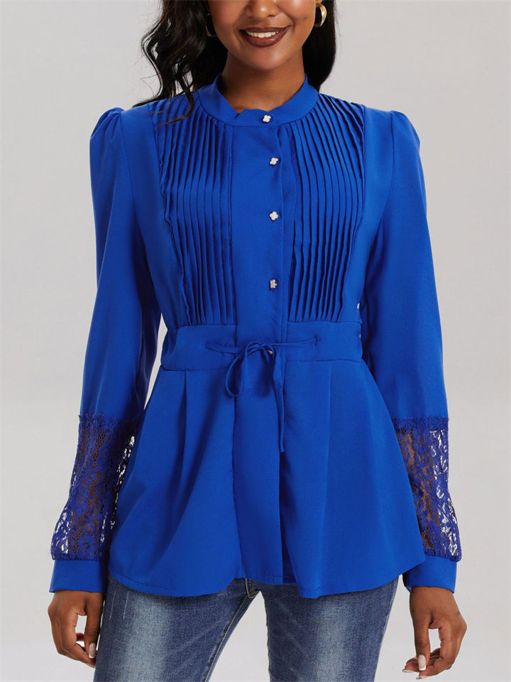 Women's Solid Color Lace Patchwork Pleated Button Up Blouses