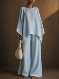 Women Linen Blend 2 Piece Oversized Boho Batwing Top and Wide Leg Pants Set