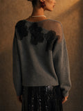 Women Floral Lace Sheer Mesh Embroidered Grey Knit Sweater