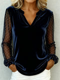 Velvet V Neck Mesh Polka Dot Sheer Lantern Sleeve Blouses for Women