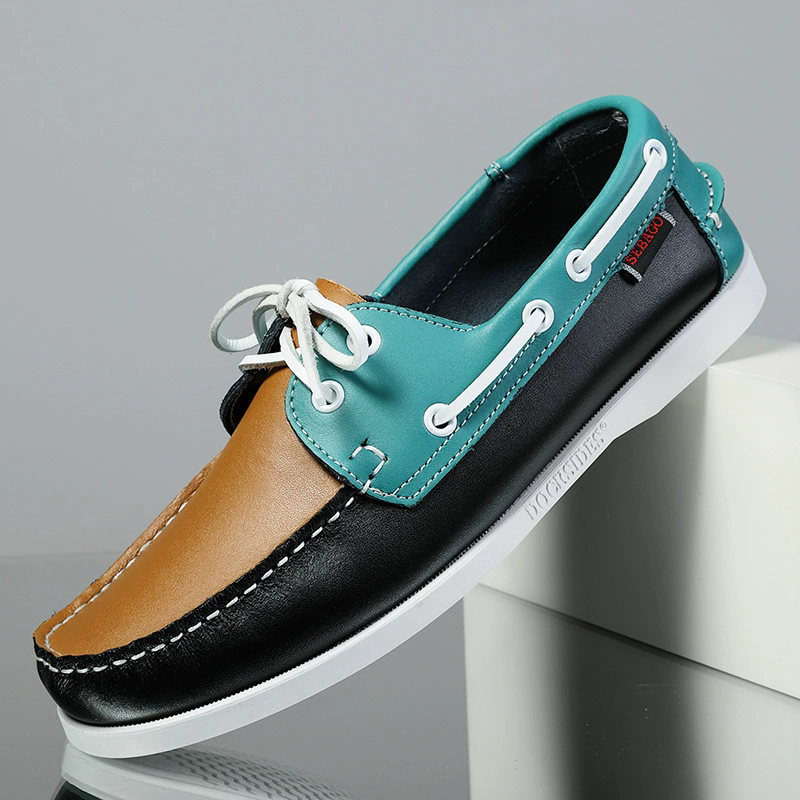 Male's Trendy Faux Leather Contrast Color Lace Up Flats Boat Shoes