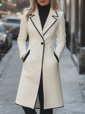 Women's Trendy White Contrast Trim Lapel  Single Breasted Long Suit Coat