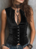 Women's Vintage V Neck Slim Fit Velvet Button Up Vest Top