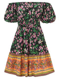 Bohemian Off Shoulder Puff Sleeve Print Beach Dress for Lady