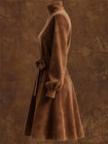 Casual Suede Turtleneck Dress for Women with Belt and Puff Sleeves