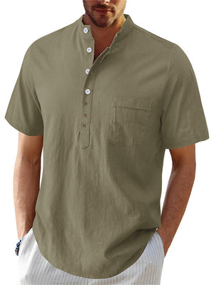 Men's Hawaiian Casual Stand Collar Short Sleeve Cotton Linen Shirt