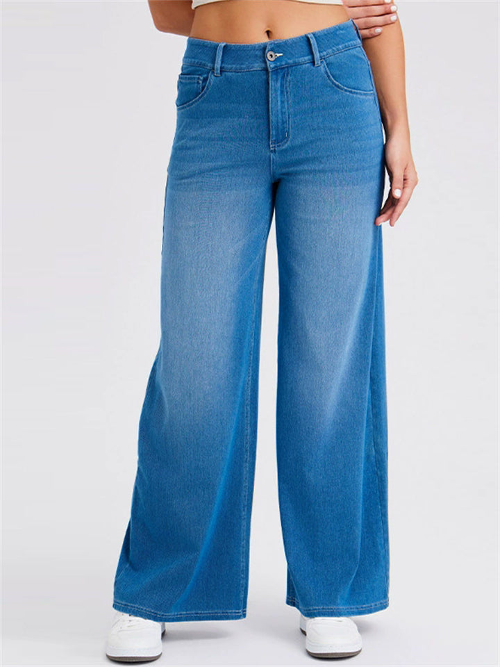 Womens High Waisted Wide Leg Jeans Whisker Denim Pants