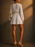 Women Long Sleeve Keyhole Mini Dress with Rope Belt