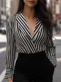 Women's French Style Elegant Deep V Neck Striped Blouses