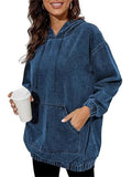 ‌Womens Denim Distressed Hoodie with kangaroo Pockets‌