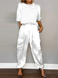 Women's 2Pcs Solid Color Short Sleeve Satin Round Neck Shirt & Pants Set