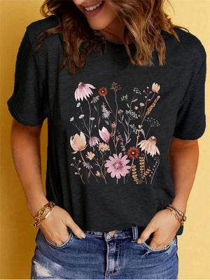 Women's Daisy Flower Print Round Collar Casual T-shirts